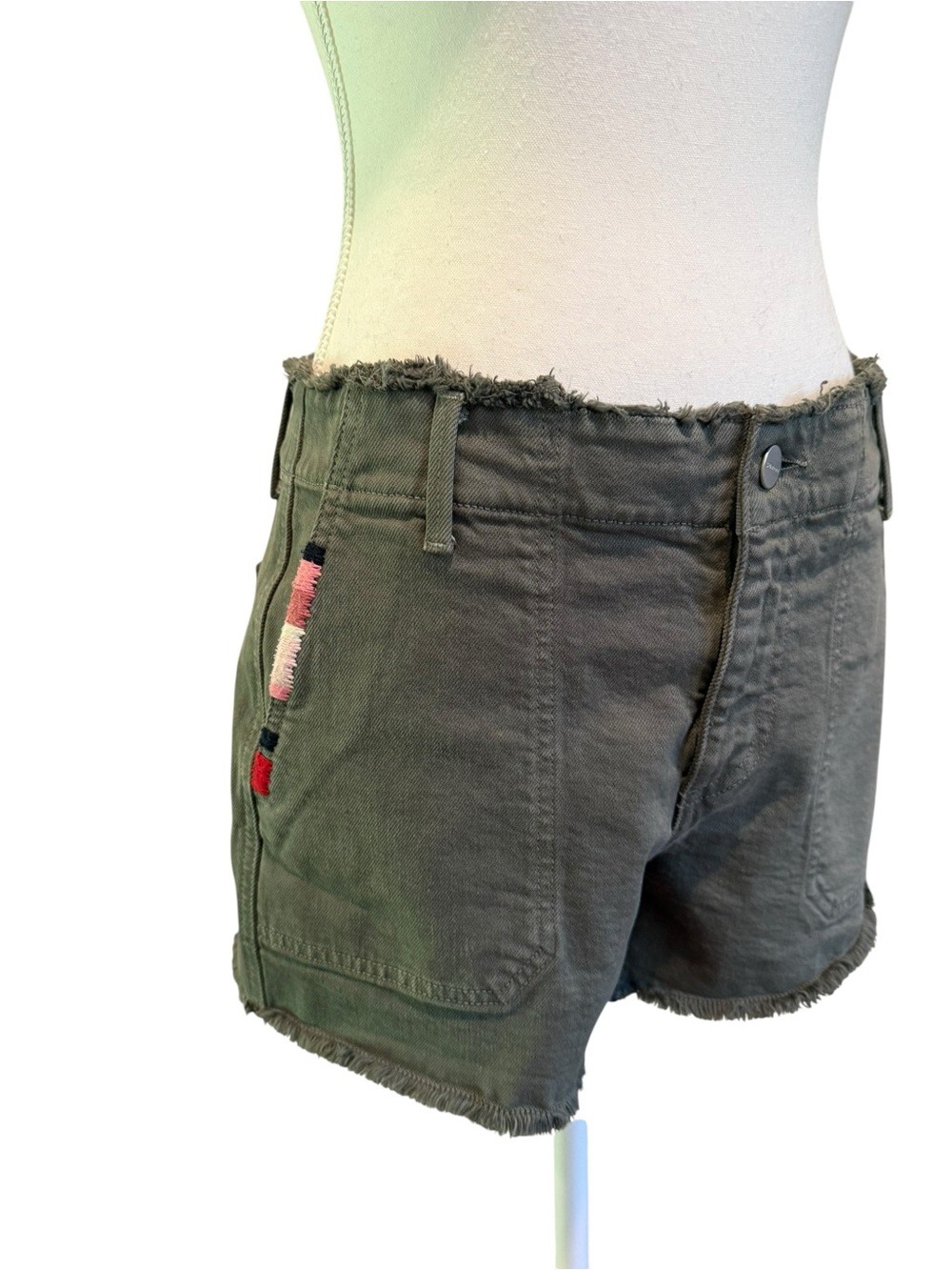 Sundry Olive Frayed Waist Denim Shorts with Side Stitch Detail